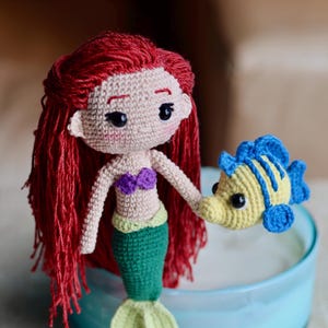 Crochet Ariel Little Mermaid Doll with Flounder Fish, Quality Yarn Handmade Disney Princess!