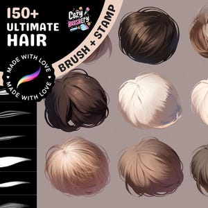 Puede incluir: Un conjunto de más de 150 pinceles y sellos digitales para el cabello para arte digital. Los pinceles están diseñados para crear estilos de cabello realistas. La imagen muestra ejemplos de los pinceles en uso, con diferentes colores y estilos de cabello.