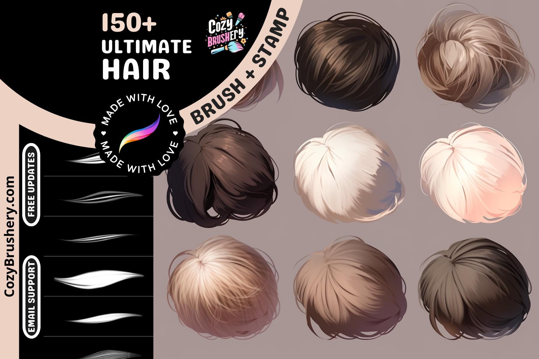 Pack de pinceles para cabello en Procreate: 150 Ultimate Anime y realista con stamps, mechones, trenzas + brillos