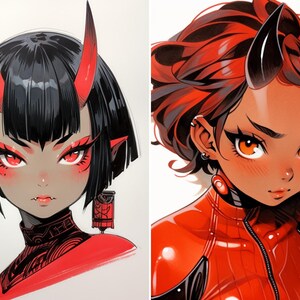May include: Two digital illustrations of anime-style characters with red horns and red accents. The first character has black hair and red earrings. The second character has red and black hair and is wearing a red jumpsuit.