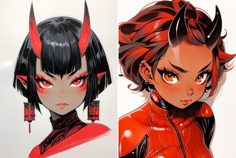 May include: Two digital illustrations of anime-style characters with red horns and red accents. The first character has black hair and red earrings. The second character has red and black hair and is wearing a red jumpsuit.