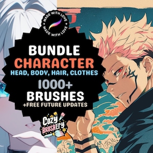 Könnte beinhalten: Eine digitale Illustration eines Pakets mit über 1000 Charakter-Pinseln zum Zeichnen von Köpfen, Körpern, Haaren und Kleidung. Der Text "Bundle Character" ist in rot-weißer Schrift. Der Text "Head, Body, Hair, Clothes" ist in weißer Schrift. Der Text "1000+ Brushes" ist in weißer Schrift. Der Text "+Free Future Updates" ist in weißer Schrift. Der Text "Cozy Brushery" ist in weißer Schrift mit einem rosa Pinsel-Symbol.