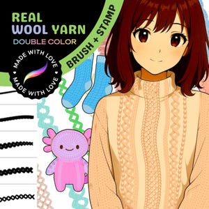 Puede incluir: Una ilustración digital de un conjunto de pinceles y sellos para crear texturas de lana. El conjunto incluye una variedad de trazos de pincel y sellos, incluyendo un corazón, un cactus y un calcetín. El texto "Real Wool Yarn Double Color Brush + Stamp" se muestra en la parte superior de la imagen.
