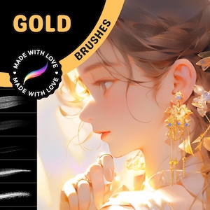 Può includere: Un set di pennelli digitali da utilizzare nei programmi di arte digitale. I pennelli sono progettati per creare un effetto dorato. L'immagine mostra un esempio di come i pennelli vengono utilizzati per creare un effetto morbido e piumato. Il testo "GOLD BRUSHES" è visualizzato nell'angolo in alto a destra dell'immagine.