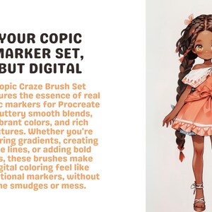 May include: A digital illustration of a young girl with brown skin and long braids wearing a peach-colored dress with white trim and a bow. The text "YOUR COPIC MARKER SET, BUT DIGITAL" is displayed above the illustration.