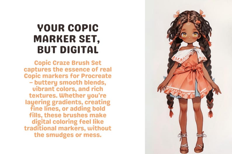May include: A digital illustration of a young girl with brown skin and long braids wearing a peach-colored dress with white trim and a bow. The text "YOUR COPIC MARKER SET, BUT DIGITAL" is displayed above the illustration.