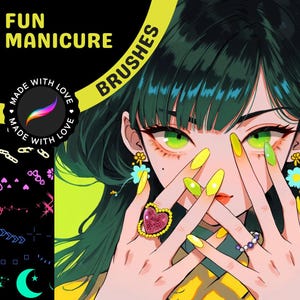 Può includere: Un'illustrazione digitale di una donna con i capelli verdi e le unghie gialle. La donna indossa una camicia gialla e ha un anello a forma di cuore al dito. Il testo "FUN MANICURE" e "BRUSHES" è visibile nell'immagine.