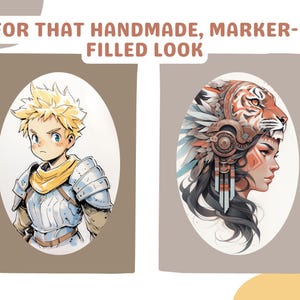 May include: Two illustrations of characters with a marker-filled look. The first illustration is of a young man with blond hair wearing armor. The second illustration is of a woman with long dark hair wearing a headdress with a tiger face.