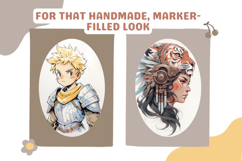 May include: Two illustrations of characters with a marker-filled look. The first illustration is of a young man with blond hair wearing armor. The second illustration is of a woman with long dark hair wearing a headdress with a tiger face.