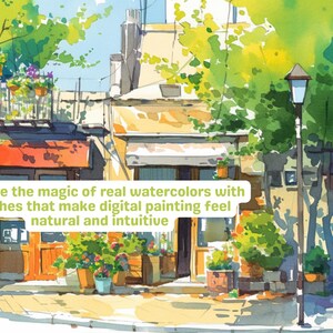 May include: A watercolor painting of a street scene with buildings, trees, and a lamppost. The buildings have red and orange awnings, and the trees are green and lush. The lamppost is brown and has a white light fixture. The painting is done in a realistic style and captures the beauty of a summer day.