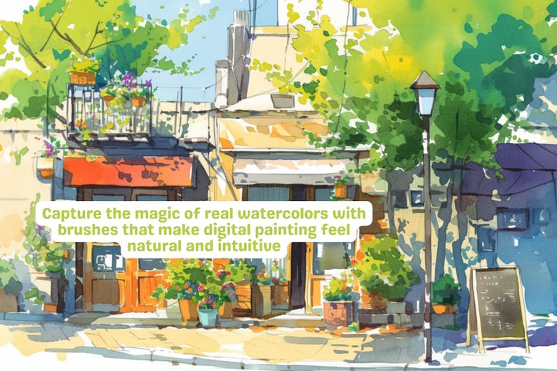 May include: A watercolor painting of a street scene with buildings, trees, and a lamppost. The buildings have red and orange awnings, and the trees are green and lush. The lamppost is brown and has a white light fixture. The painting is done in a realistic style and captures the beauty of a summer day.