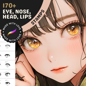 May include: A digital illustration of an anime-style female character with long brown hair. The character's right eye is visible, with a yellow iris and a black pupil. The image includes the text "170+ EYE, NOSE, HEAD, LIPS STAMPS".