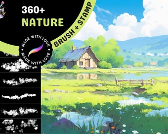 Procreate Brushes: Nature Essentials Pack, 140 Foliage, 50 Cloud, 66 Grass, 48 Plant Brushes, and More for Anime and Realistic Landscapes