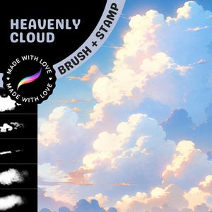 Może przedstawiać: Zestaw cyfrowych pędzli i stempli do tworzenia niebiańskich chmur. Zestaw zawiera pięć różnych kształtów chmur, z tłem obrazu niebieskiego nieba z puszystymi białymi chmurami. Tekst "HEAVENLY CLOUD" jest wyświetlany u góry obrazu.