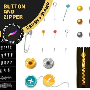 May include: A digital illustration set of sewing and crafting supplies, including buttons, zippers, safety pins, needles, and thread. The set is labeled "Button and Zipper" and "Brush + Stamp".