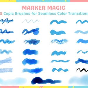May include: A set of 28 digital brushes designed to mimic the look of Copic markers. The brushes are shown in various shades of blue and are arranged in rows on a white background. The text "MARKER MAGIC" and "28 Copic Brushes for Seamless Color Transitions" is displayed at the top of the image.