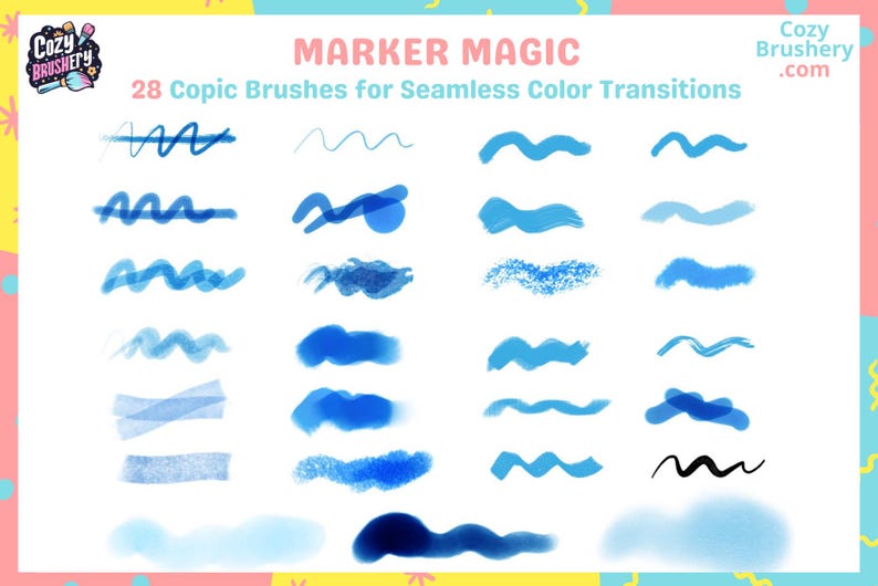 May include: A set of 28 digital brushes designed to mimic the look of Copic markers. The brushes are shown in various shades of blue and are arranged in rows on a white background. The text "MARKER MAGIC" and "28 Copic Brushes for Seamless Color Transitions" is displayed at the top of the image.