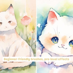 May include: Two watercolor paintings of cute white cats with orange and brown markings. The cat on the left is sitting in a field of flowers. The cat on the right is looking at the viewer with big blue eyes. The text "Beginner-friendly brushes, pro-level effects" is at the bottom of the image.