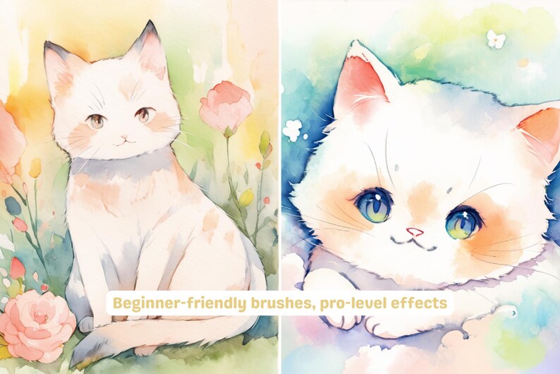 May include: Two watercolor paintings of cute white cats with orange and brown markings. The cat on the left is sitting in a field of flowers. The cat on the right is looking at the viewer with big blue eyes. The text "Beginner-friendly brushes, pro-level effects" is at the bottom of the image.