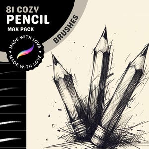 Può includere: Un set di 81 pennelli digitali per matite da utilizzare nei programmi di arte digitale. I pennelli sono progettati per imitare l'aspetto delle matite vere. L'immagine mostra tre matite in uno stile di schizzo.