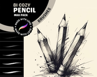 May include: A set of 81 digital pencil brushes for use in digital art programs. The brushes are designed to mimic the look of real pencils. The image shows three pencils in a sketch style.