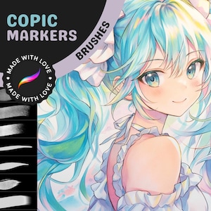 May include: A digital illustration of an anime character with long, flowing blue hair. The character is wearing a white dress with a light blue bow. The image includes the text "COPIC MARKERS" and "BRUSHES".