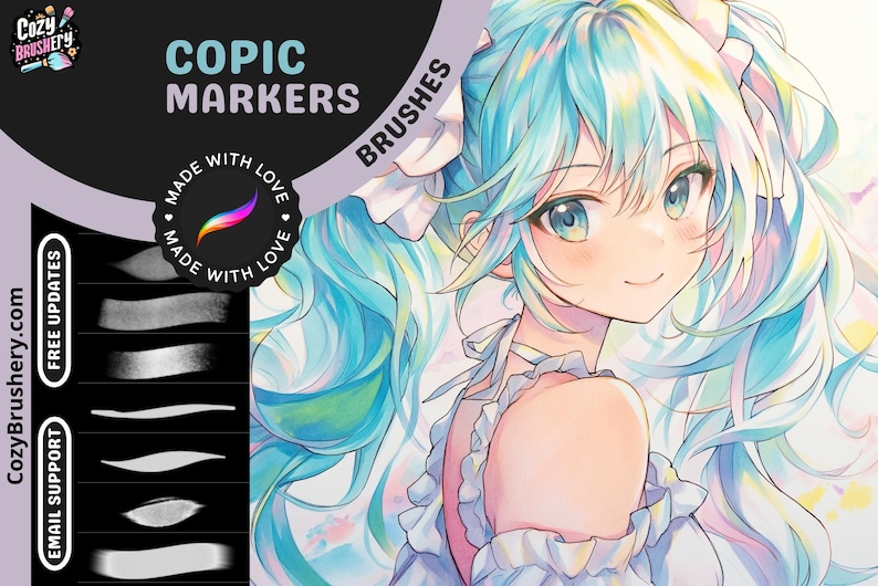 May include: A digital illustration of an anime character with long, flowing blue hair. The character is wearing a white dress with a light blue bow. The image includes the text "COPIC MARKERS" and "BRUSHES".
