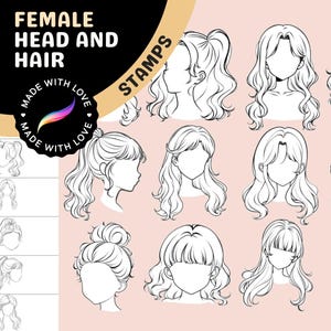 Procreate Stamps: Female Head and Hair Pack, 70 Stamps for Anime and Realistic Styles, Perfect for Character Design and Coloring Practice