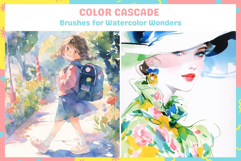 May include: Two watercolor paintings, one of a girl with a backpack walking down a path and the other of a woman wearing a hat and floral dress. The text "COLOR CASCADE" and "Brushes for Watercolor Wonders" is at the top of the image.