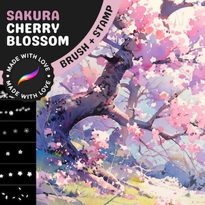 Procreate ブラシ: 桜の花びらブラシセット、アニメ、マンガ、美しいイラストのための 64 種類の桜の花びらブラシとスタンプ