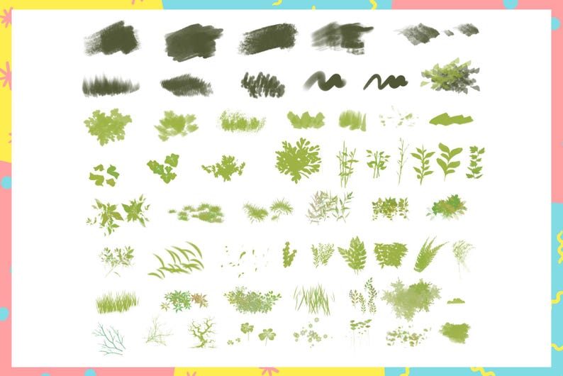 May include: A collection of 50 green and black brushstrokes and leaf illustrations. The illustrations are perfect for adding a touch of nature to digital art, scrapbooking, or other creative projects.