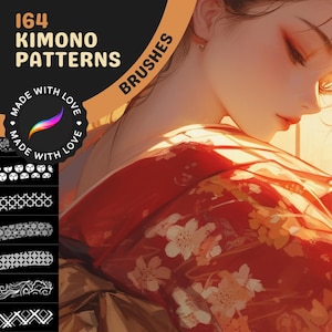 Peut inclure: Une illustration numérique d'une femme portant un kimono rouge et blanc à motifs floraux. L'image comprend un ensemble de 164 motifs de pinceaux numériques pour créer des motifs de kimono. Le texte "MADE WITH LOVE" apparaît deux fois dans un cercle.