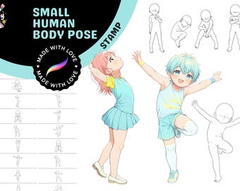 Sellos Procreate: Paquete de poses humanas pequeñas, más de 100 plantillas de cuerpo realista y de anime para diseño y práctica de personajes, guías de referencia de anatomía