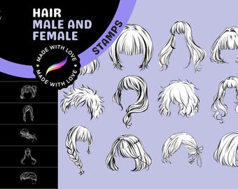 Procreate Briefmarken: Männliches und weibliches Haarpaket, 52 Stempel für das Charakterdesign und das Färben, perfekt für jeden Stil