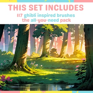 May include: A digital illustration of a forest scene with a stream in the foreground. The forest is filled with tall trees and lush greenery. The sun is shining through the trees, creating a warm and inviting atmosphere. The text "THIS SET INCLUDES 117 ghibli inspired brushes the all-you-need pack" is displayed at the top of the image.