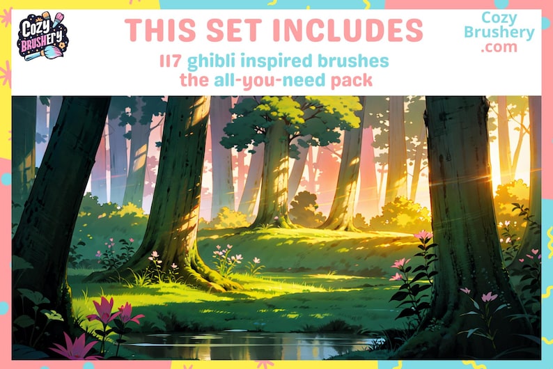 May include: A digital illustration of a forest scene with a stream in the foreground. The forest is filled with tall trees and lush greenery. The sun is shining through the trees, creating a warm and inviting atmosphere. The text "THIS SET INCLUDES 117 ghibli inspired brushes the all-you-need pack" is displayed at the top of the image.