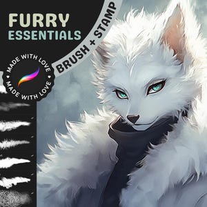 May include: A digital art brush set for creating furry art. The set includes 10 brushes with names like "Soft Velvet", "Curly Fur", and "Tiny Fluff". The image also shows a white wolf with blue eyes wearing a black scarf.