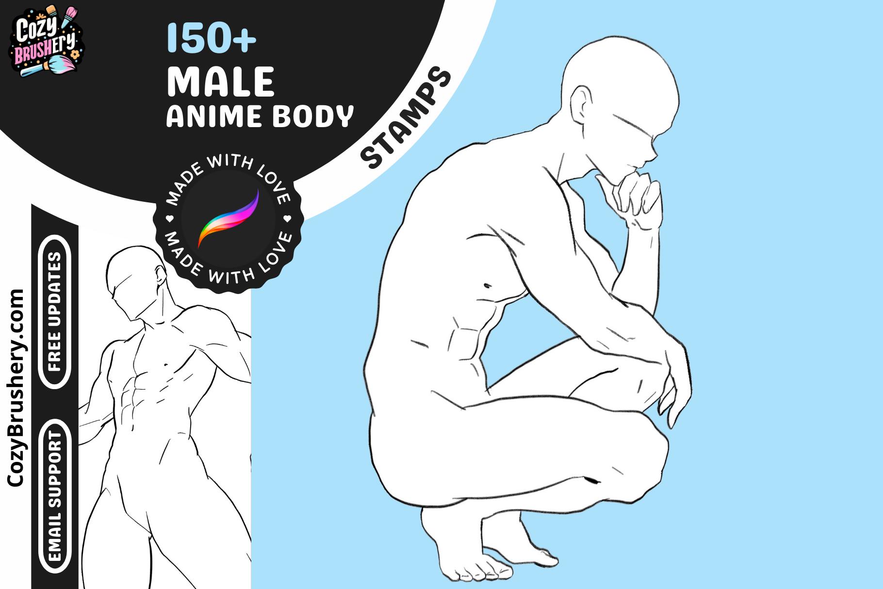 Procreate Pack de sellos de anatomía anime masculina – 150+ poses corporales para personajes dinámicos y cotidianos