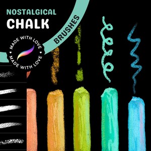 May include: A set of digital chalk brushes for use in digital art programs. The brushes are shown as strokes on a black background. The text "NOSTALGICAL CHALK BRUSHES" is at the top of the image. The text "MADE WITH LOVE" is in a circle at the top left of the image.