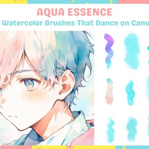 May include: A set of 12 watercolor brushes with the text "AQUA ESSENCE 12 Watercolor Brushes That Dance on Canvas". The brushes are shown on a white background and create a variety of brushstrokes, including swirls, dots, and lines.