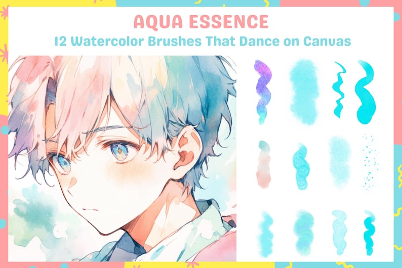 May include: A set of 12 watercolor brushes with the text "AQUA ESSENCE 12 Watercolor Brushes That Dance on Canvas". The brushes are shown on a white background and create a variety of brushstrokes, including swirls, dots, and lines.