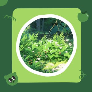 May include: A circular window view of a lush green forest with white flowers and green leaves. The forest is illuminated by sunlight.
