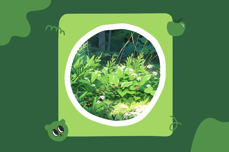 May include: A circular window view of a lush green forest with white flowers and green leaves. The forest is illuminated by sunlight.