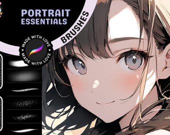Può includere: Pennelli per arte digitale per elementi essenziali per ritratti. L'immagine presenta un ritratto stilizzato in stile anime di una donna con capelli scuri e occhi chiari. Il testo include "Portrait Essentials" e "Brushes". Il logo dice "Made with Love".