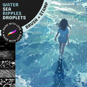 May include: A digital illustration of a person walking in the ocean. The water is blue and green with white ripples. The text "WATER SEA RIPPLES DROPLETS" is in the top left corner of the image. The text "BRUSH + STAMP" is in the top right corner of the image.