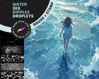 Procreate Brushes: Water Wonders Pack, 71 Ripple Brushes, 100 Water Splashes, 80 Undersea Stamps with Plants, Animals, and Shells
