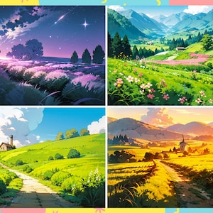 May include: Four different illustrations of a green valley with a winding path, a small house, and a windmill. The first image is a night scene with a starry sky. The second image is a daytime scene with a river and flowers. The third image is a daytime scene with a house on a hill. The fourth image is a sunset scene with a field of yellow flowers.