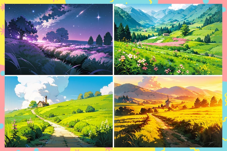 May include: Four different illustrations of a green valley with a winding path, a small house, and a windmill. The first image is a night scene with a starry sky. The second image is a daytime scene with a river and flowers. The third image is a daytime scene with a house on a hill. The fourth image is a sunset scene with a field of yellow flowers.