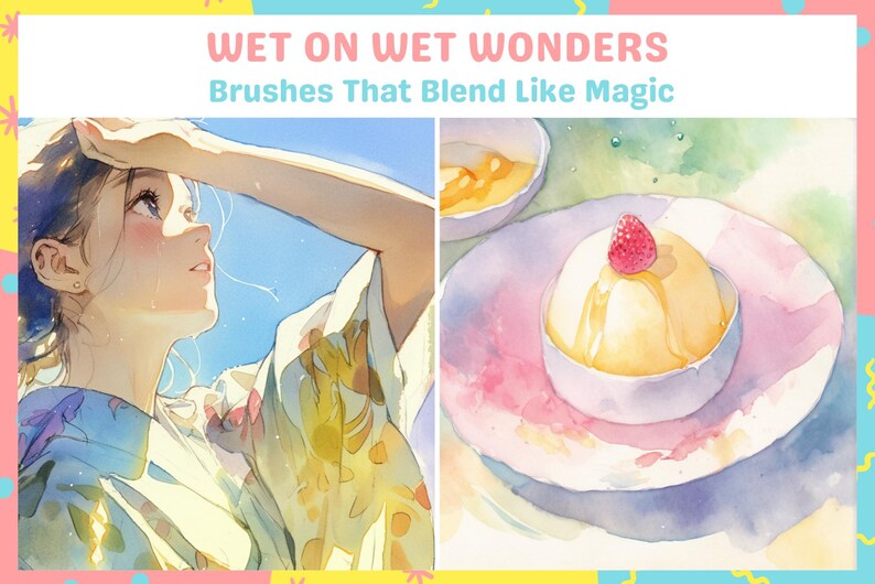 May include: A watercolor painting of a woman with long brown hair wearing a light blue and yellow patterned shirt. The woman is looking up at the sky. The painting also features a plate with a white dessert topped with a red strawberry and a yellow sauce. The text "WET ON WET WONDERS" and "Brushes That Blend Like Magic" is at the top of the image.