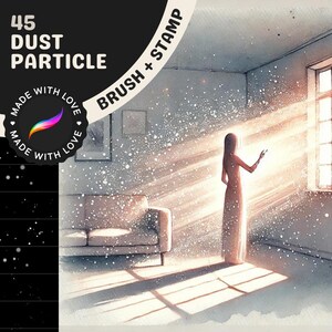 May include: A digital illustration of a room with a window, a couch, and a person standing in a beam of light. The room is filled with small white dust particles. The text "45 DUST PARTICLE BRUSH + STAMP" is in the upper right corner of the image.